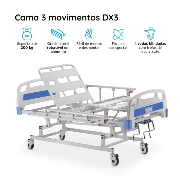 Cama Hospitalar 3 Movimentos Manual DX3 200 Kg Dellamed - Image 3